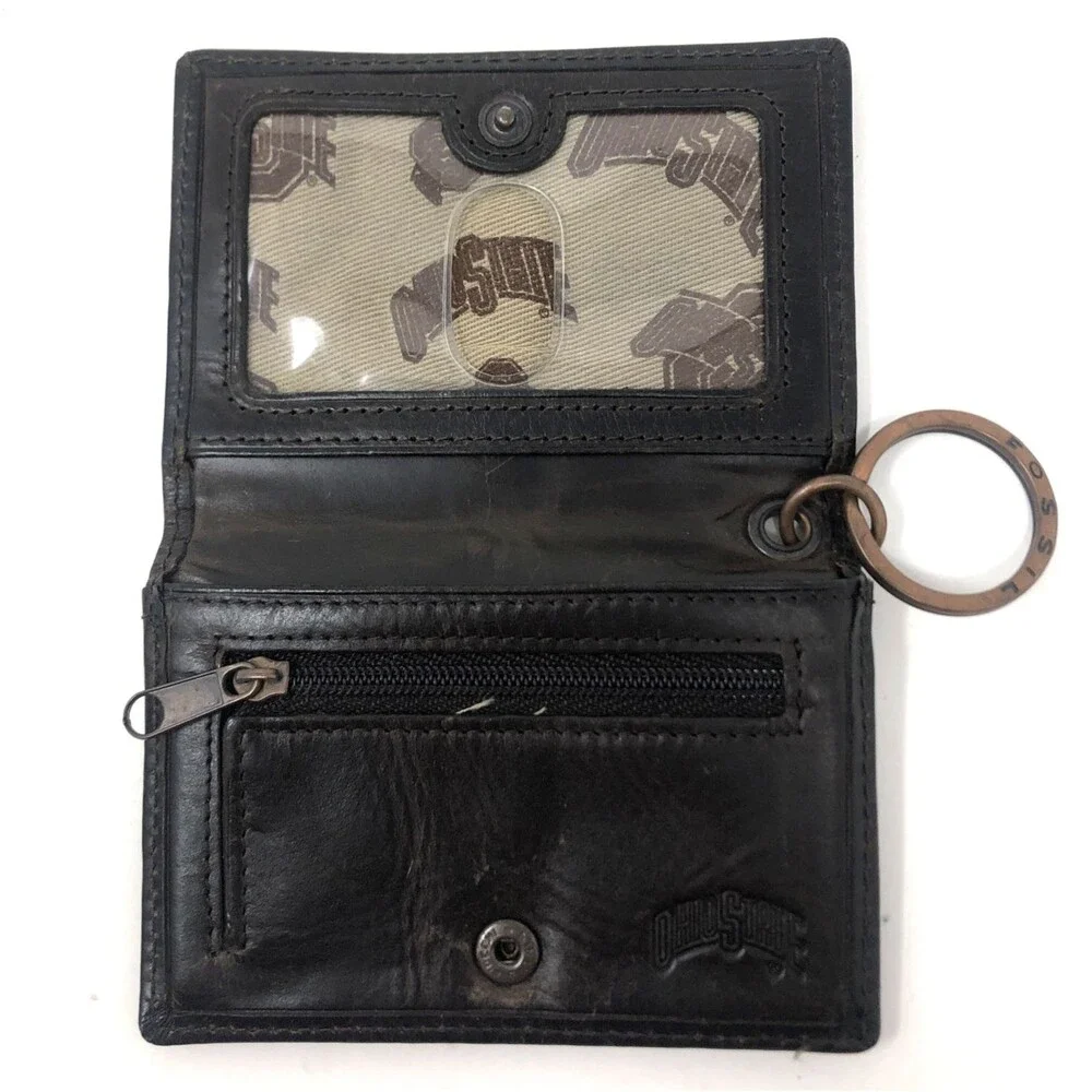 Fossil Ohio State Leather Wallet Keychain Credit Card ID Brown Folding Flip